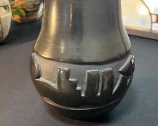 Mida Tafoya Santa Clara Pueblo Blackware Serpent Vase Native American Pottery 	8.25 x 4in diameter at opening	
