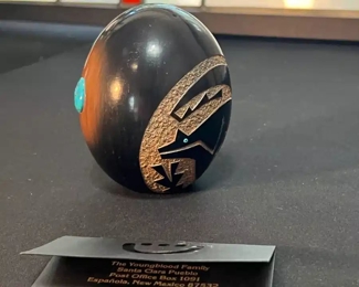 Zuni Bear Pottery Egg Santa Clara Youngblood	3.5 inches high.	
