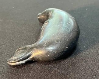 Inuit Eskimo Carved Seal Soapstone Sculpture Signed  	3in Long	
