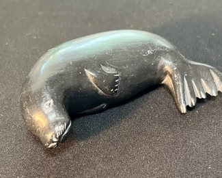 Inuit Eskimo Carved Seal Soapstone Sculpture Signed  	3in Long	
