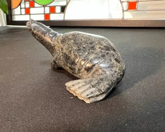 Inuit Eskimo Carved Seal Soapstone Sculpture Signed  #2	4in Long	
