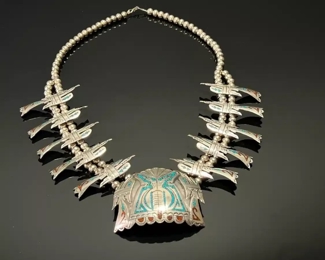 Vintage Navajo Peyote Bird Squash Blossom Necklace Crushed Turquoise & Coral Silver Native American 	25in long 
