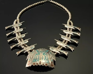 Vintage Navajo Peyote Bird Squash Blossom Necklace Crushed Turquoise & Coral Silver Native American 	25in long 
