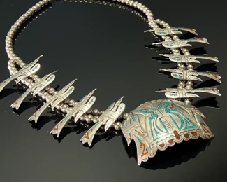 Vintage Navajo Peyote Bird Squash Blossom Necklace Crushed Turquoise & Coral Silver Native American 	25in long 
