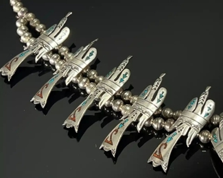 Vintage Navajo Peyote Bird Squash Blossom Necklace Crushed Turquoise & Coral Silver Native American 	25in long 
