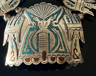 Vintage Navajo Peyote Bird Squash Blossom Necklace Crushed Turquoise & Coral Silver Native American 	25in long 
