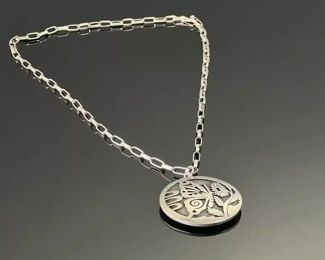 Hopi Silver Overlay Necklace Eagle Butterfly Disc Pendant 	26 in long 	

