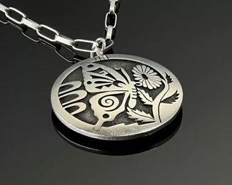 Hopi Silver Overlay Necklace Eagle Butterfly Disc Pendant 	26 in long 	
