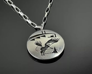 Hopi Silver Overlay Necklace Eagle Butterfly Disc Pendant 	26 in long 	
