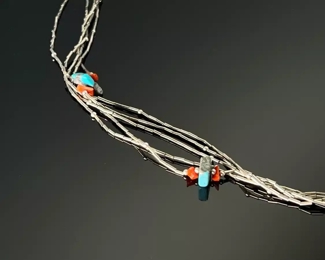 Native American Liquid Silver Turquoise & Coral Multi-strand Necklace 	25in Long 	
