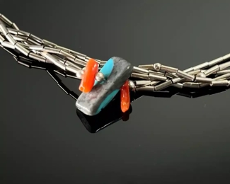 Native American Liquid Silver Turquoise & Coral Multi-strand Necklace 	25in Long 	
