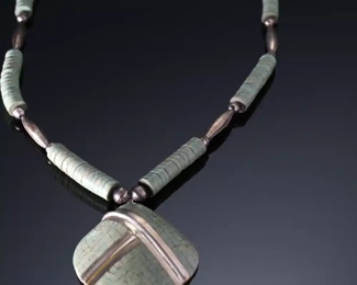 Vintage Santo Domingo Silver Turquoise Mosaic Inlay Shell Beaded Heishi Necklace	25in long 	
