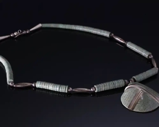 Vintage Santo Domingo Silver Turquoise Mosaic Inlay Shell Beaded Heishi Necklace	25in long 	

