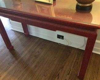 Very cool Asian red textured entry table with glass top. Merchandise Mart $700