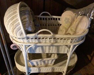 Antique baby carriage with wicker storage tray and basket on wheels $285