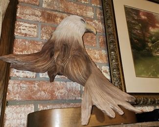Hand-Carved Wooden Eagle on Wooden Base