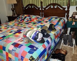 King Size Bed by Sumter Furniture - Made in USA - 4 Piece Bedroom Set - Will be sold as set or separately- Handmade Quilt -"Vintage Caps -Men's Shoes