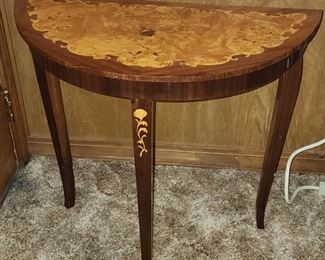 Antique Half Moon Inlay Table in Burled Walnut - Opens up For Storage