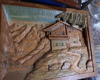 Carved Sculpture Wood Chalet Mountain 