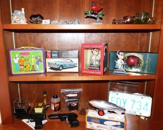 BB Guns, Scooby Do Lunchbox with thermos, Vintage Car model set,  UGA Larry Munson Bobbleheads, Waterford Christmas Ornaments, Air Ship Model, Vintage License Plates
