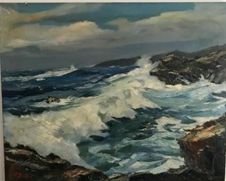 Painting of waves on a rocky coast- W. Preston