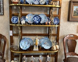 Gorgeous French bakers rack with brass details. Many collections of decorative plates including Haviland Limoges, Royal Copenhagen 