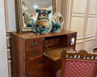 Antique campaign chest, giant foo dog…both stunning!!