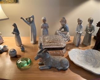 Lladro figurines, silver and cut glass box