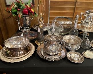 Core lamp, silver plated trays and serving pieces, Waterford ice bucket