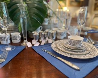 112 piece Royal Worcester “Pauda”, sterling Towle cordials, Waterford champagne 