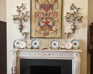 Stunning tapestry, Italian silver gilt wood and iron sconces, gorgeous collection of plates