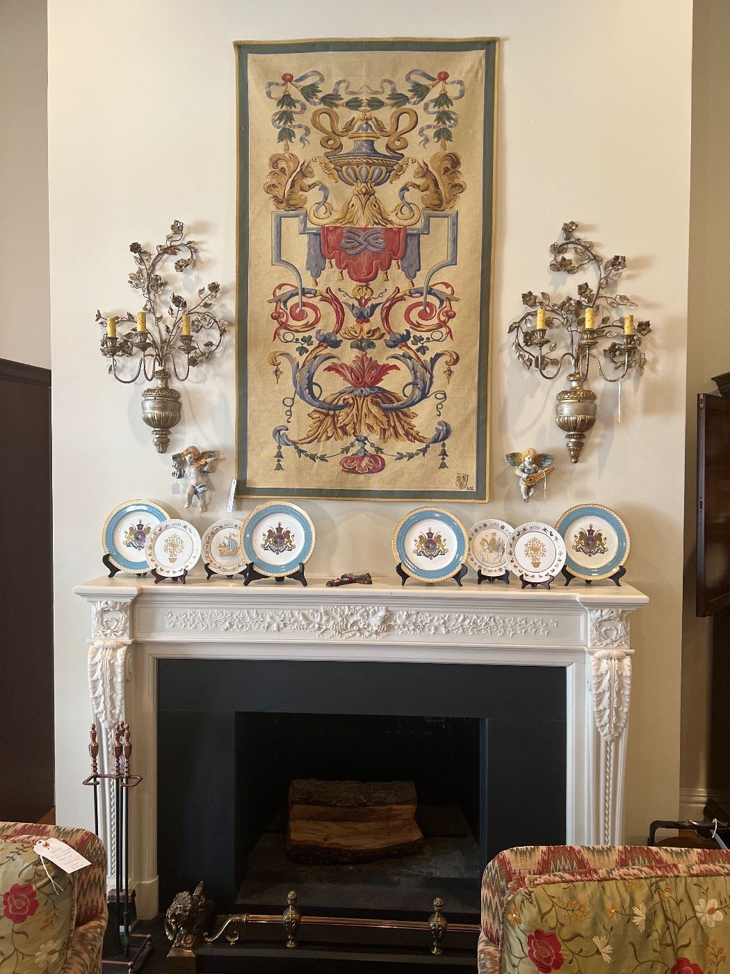 Stunning tapestry, Italian silver gilt wood and iron sconces, gorgeous collection of plates