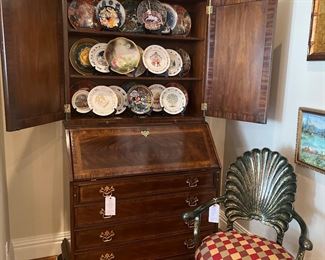 Heritage Heirloom secretary, clamshell chair, collection of plates including Historic Scotland, Spode, Bavarian and Danish plates. 