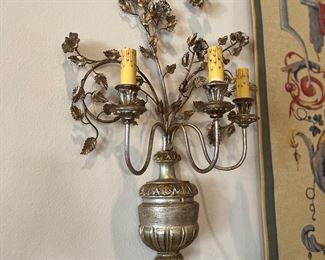 Pair of Italian silver giltwood and iron sconces