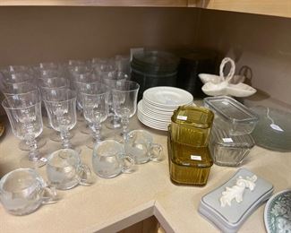 Large set of Mikasa water and tea glasses. Large set of clear appetizer plates
