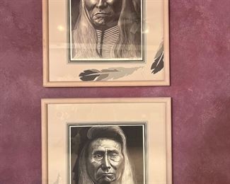 Top, Robin Wolf original charcoal of Tok-i-ten-wa, a Sioux Warrior.  Bottom, Robin Wolf numbered print of Chief Joseph. Both beautifully matted and framed. 