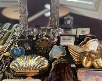 Antique English silver table mirror, Baccarrat, Timmy Woods purse, Jay Strongwater