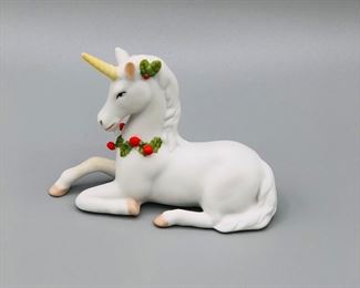 Vintage 80's Enesco Unicorn Figurine w/Holly necklace Christmas Decor