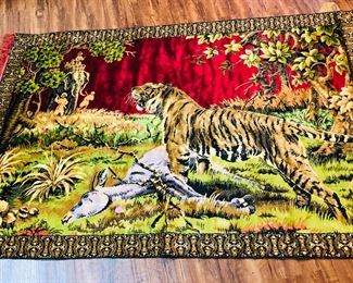 Vintage Italian Velvet Tapestry Rug Wall Hanging  Jungle Scene  Made In ITALY
