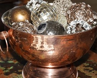 Vintage Mid-Century Large Hand Hammered Copper Pedestal Bowl with Decorative Balls