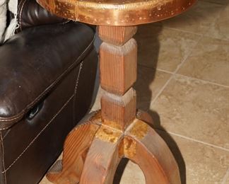 Distressed Wood and Copper Round Top Side Table