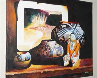 Native American Pottery & Doll Painting by P. Vines