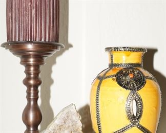 Multi-Gem Moroccan Yellow Vase (Right), Gray Smoky Quartz (Center), and Toned Metal Candlestick with Candle (Left)