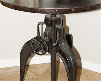 Round Wood Topped Cast Iron Crank Pedestal Table