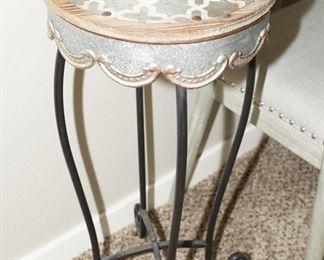 Gray & White Tin Top Plant Stand on Wrought Iron Base