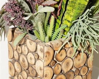 Faux Floral Arrangement in Knotted Wood Planter