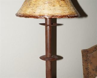 Rustic Cast Iron Table Lamp with Rattan Shade