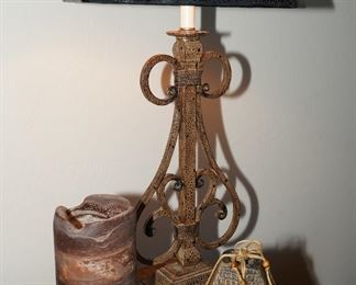 Scrolled Metal Table Lamp with Leather Shade