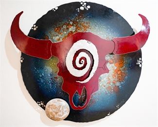This Beautiful Large Bull Skull Metal Wall Art Sculpture by Rick Vigallon 