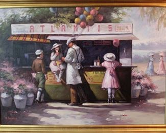 Original oil painting signed G. Cirocco of a late 19th or early 20th century Ice Cream stand in a park